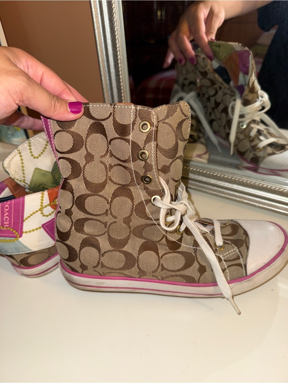 Coach Brown Signature High-Top Sneakers with Pink Trim - Picture 6 of 7